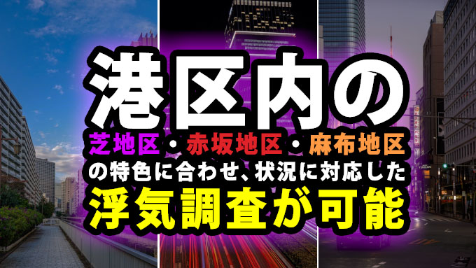 港区内（芝地区・赤坂地区・麻布地区）の特色に合わせ、状況に対応した浮気調査が可能